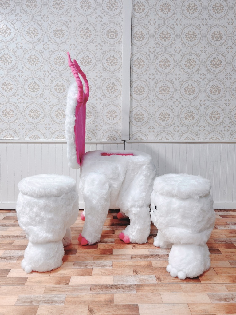 もふもふマンカフェテーブルセット ホワイト×ピンク