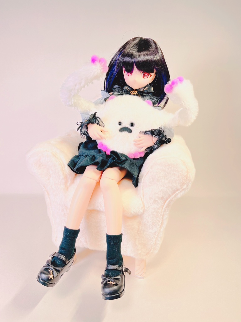 ドールサイズ シングルソファ ちびもふマン付き アイボリー×ピンク