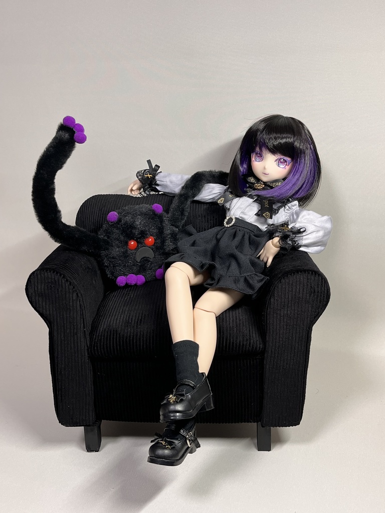 ドールサイズ ミドルソファ コーデュロイブラック×パープル