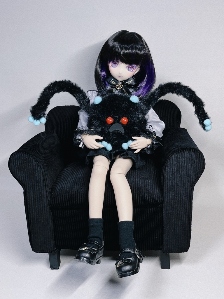 ドールサイズ ミドルソファ コーデュロイブラック×スカイブルー