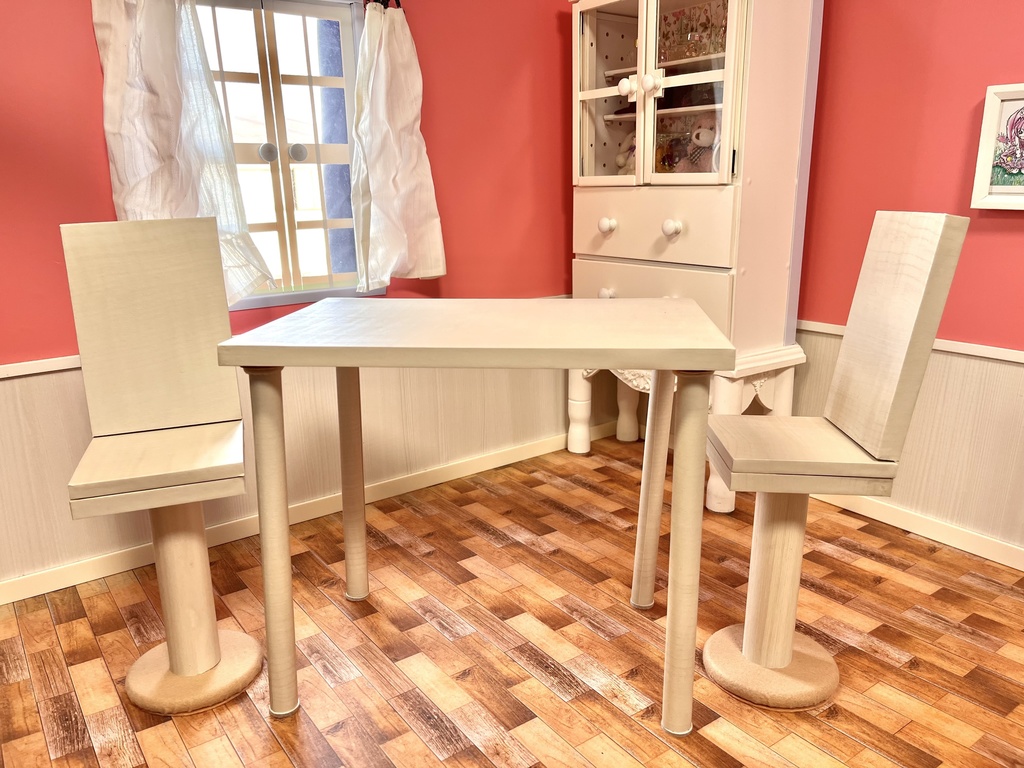 ドールサイズ シンプルカフェ長テーブルセット ベージュウッド