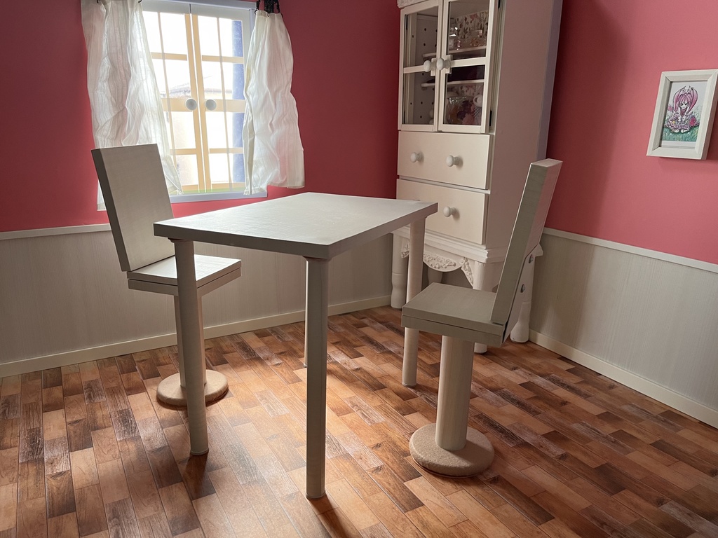 ドールサイズ シンプルカフェ長テーブルセット ベージュウッド