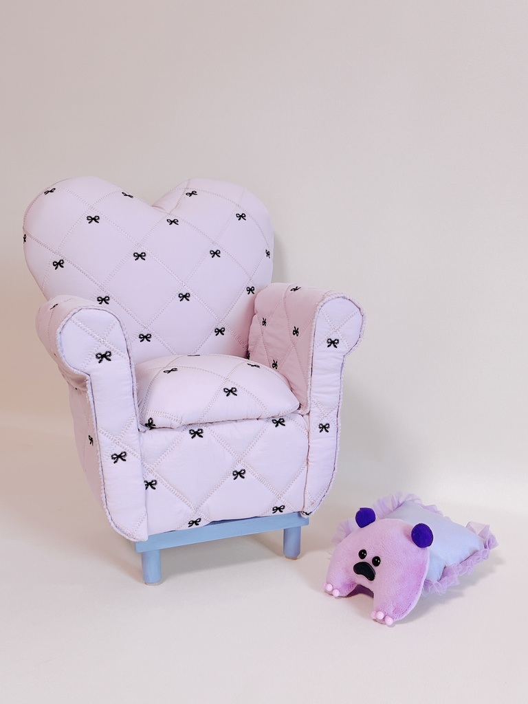 ドールサイズ リボン柄キルト シングルソファ パープル