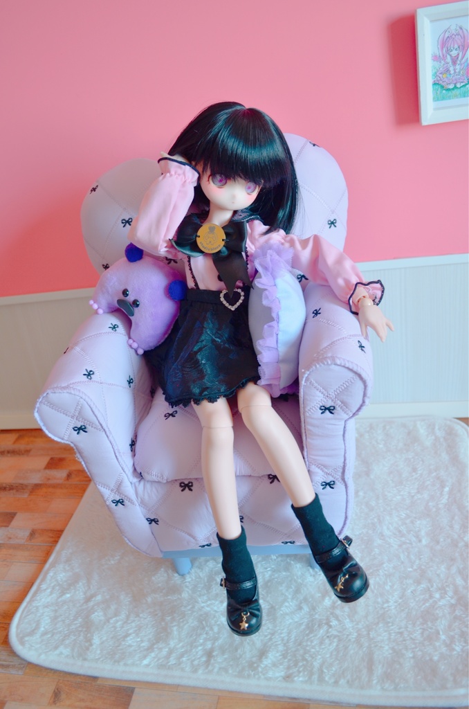 ドールサイズ リボン柄キルト シングルソファ パープル