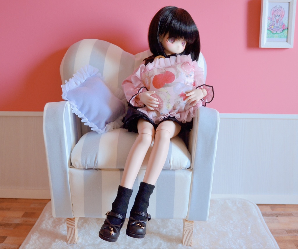 ドールサイズ ストライプ柄ミドルソファ ブルー×ホワイト