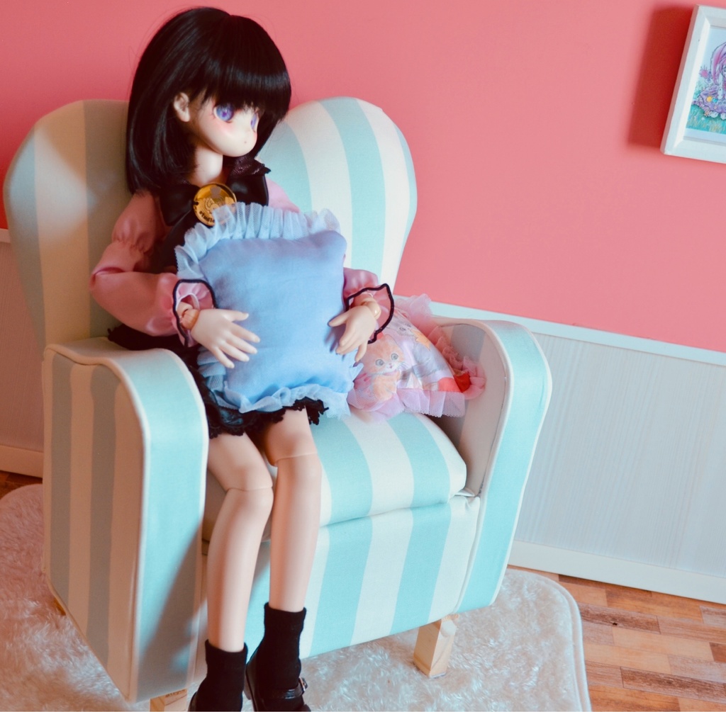 ドールサイズ ストライプ柄ミドルソファ グリーン×ホワイト