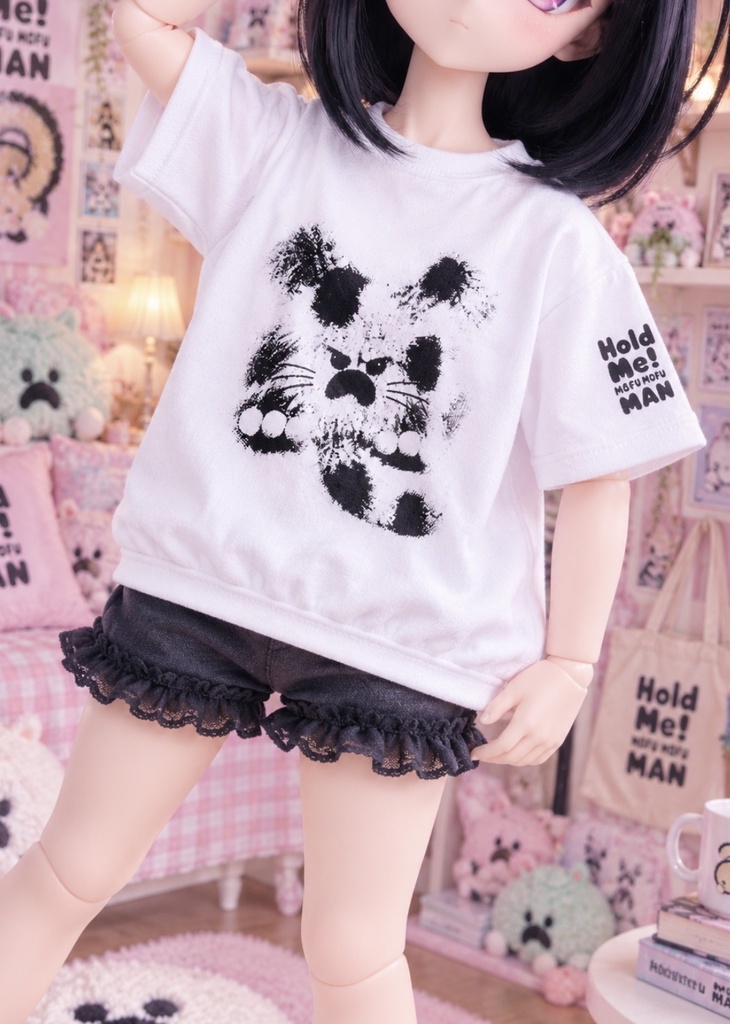 ドールサイズ　にゃーもっふフォトグラフィック白T　シルクプリントTシャツ