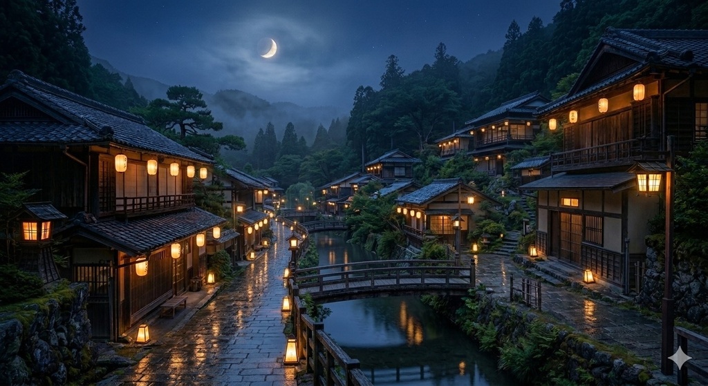 【AI生成背景素材】幻想的な和風夜景・壁紙画像5枚セット