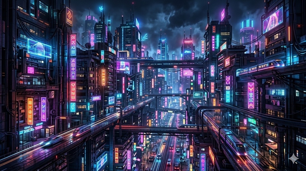 【AI生成背景素材】サイバー夜景・近未来風背景画像5枚セット