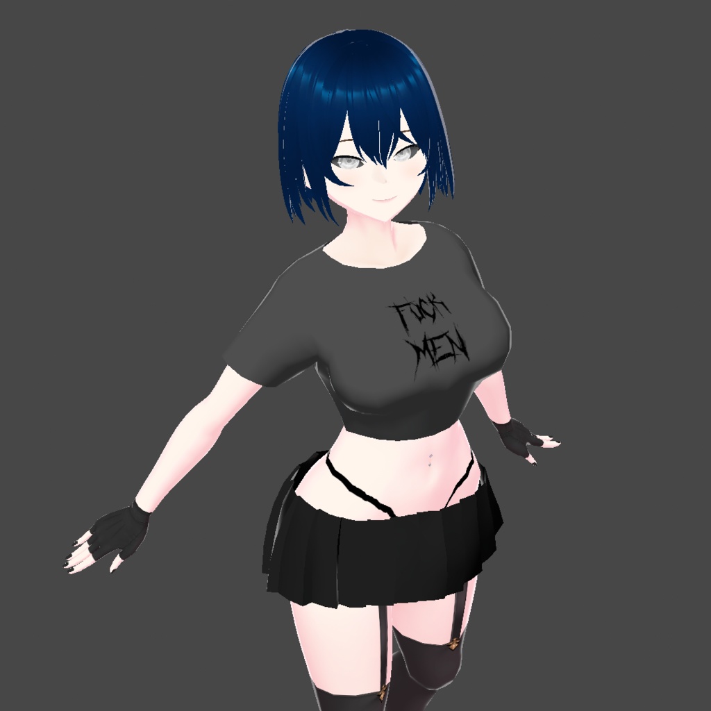 「VRoid」"FUCK MEN" Dark Grey Cropped T-Shirt, Demon Wings on Back w/ Black Miniskirt(FREE)