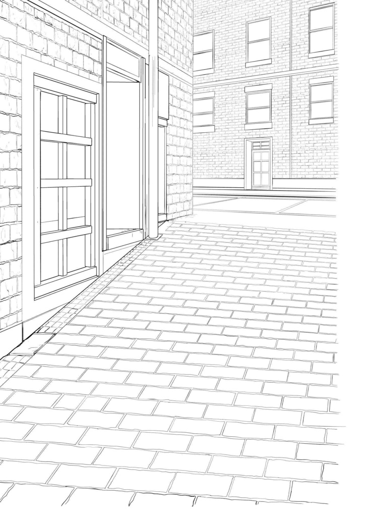 漫画背景　西洋風の坂道　モノクロ線画