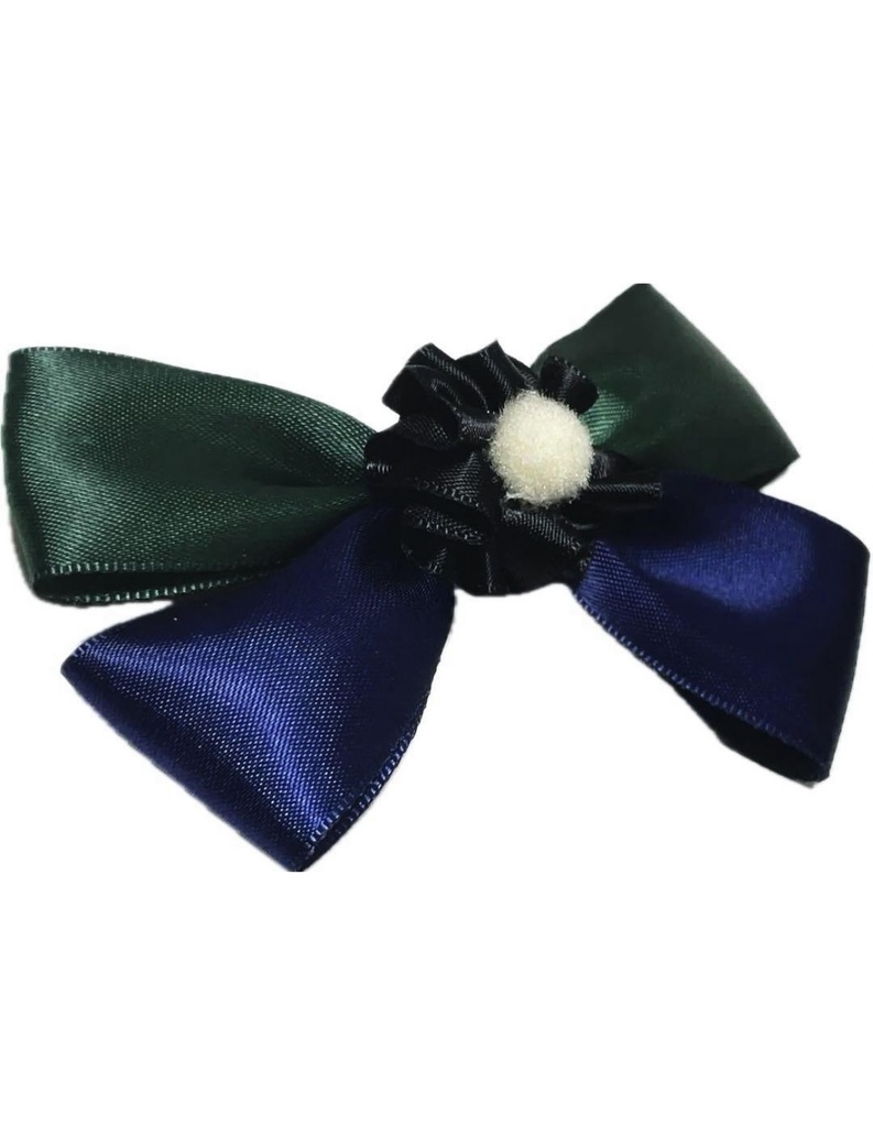 ハンドメイド ネイビーとグリーンのサテンリボンヘアクリップ
