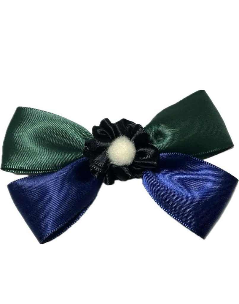 ハンドメイド ネイビーとグリーンのサテンリボンヘアクリップ