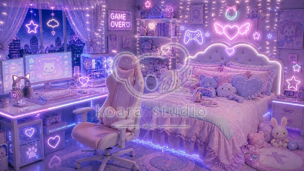 ゆめかわ配信背景5種セット|VTuber・雑談・歌枠・ゲーム実況に|かわいいお部屋素材(1920×1080 PNG)
