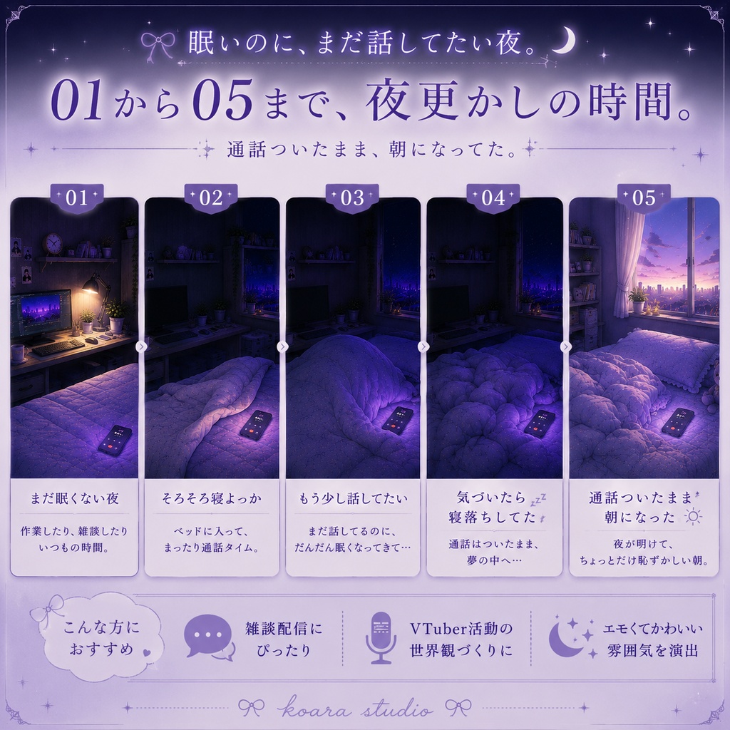 「眠いのに、まだ話してたい夜。」|寝落ち通話風 配信背景5種セット