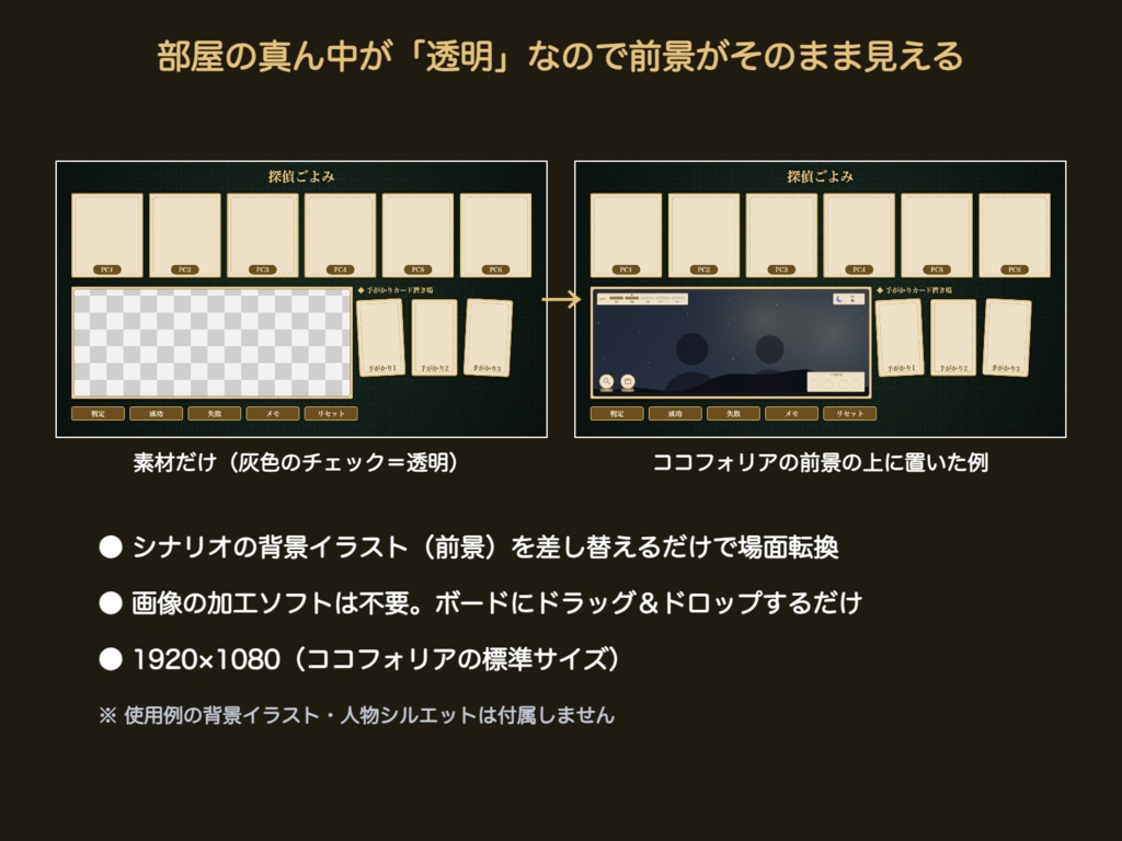 【無料版有】探偵ごよみ|前景が見える探偵事務所風お部屋パネル+パーツ33点 ココフォリア用 全3色【TRPG汎用】
