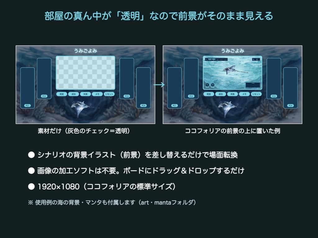 【無料版有】うみごよみ|マンタ泳ぐ海底の動くお部屋パネル+背景+パーツ ココフォリア用 全3色【TRPG汎用】