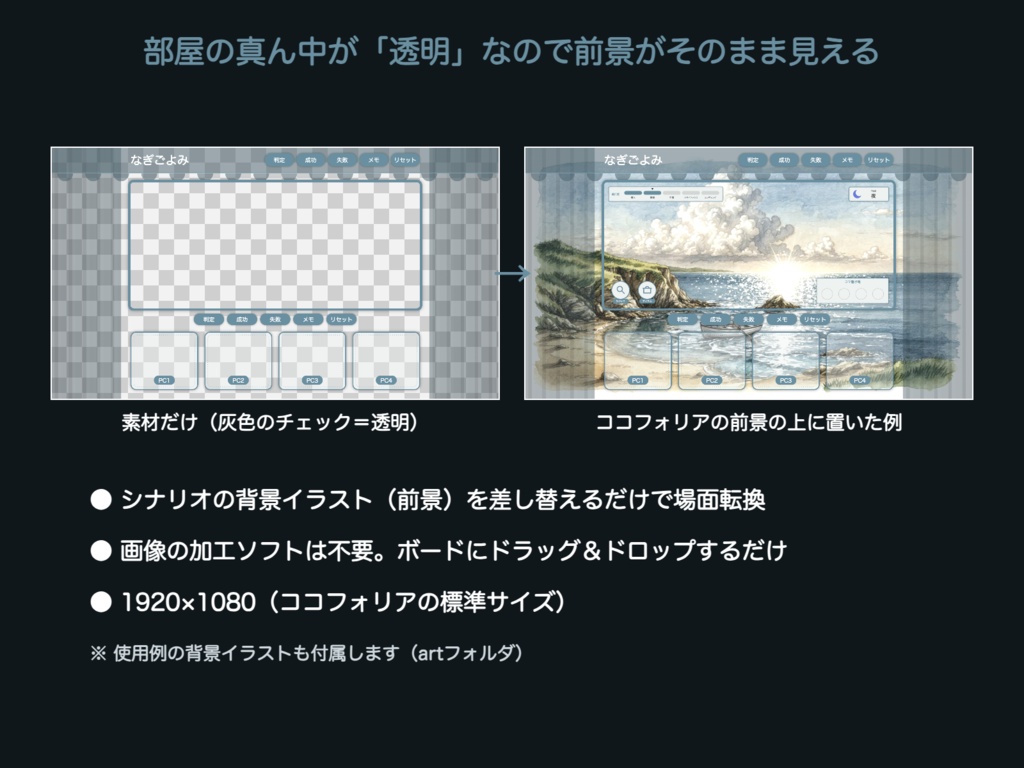 【無料版有】なぎごよみ|夕凪の海辺 舞台(幕)型お部屋パネル ココフォリア用 全3色+背景絵【TRPG汎用】