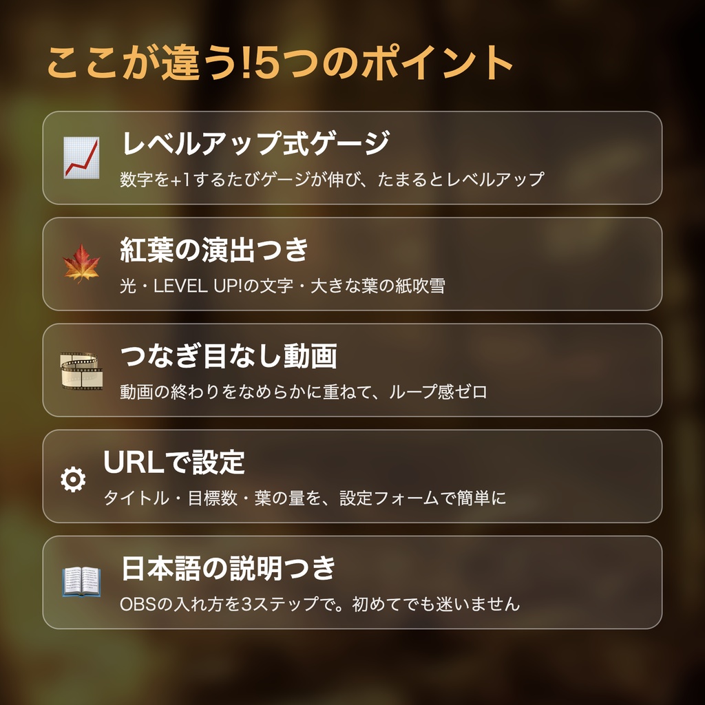 【レベルアップ演出つき】紅葉メーター「黄金の森」|目標カウンター 動く配信背景 VTuber・配信者向け つなぎ目なしループ 設定フォーム付き【OBS対応】