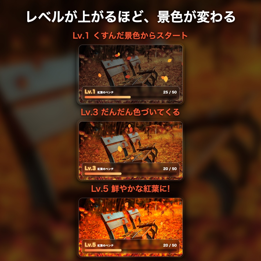 【レベルアップ演出つき】紅葉メーター「紅葉のベンチ 落ち葉ふぶき」|目標カウンター 動く配信背景 VTuber・配信者向け つなぎ目なしループ 設定フォーム付き【OBS対応】