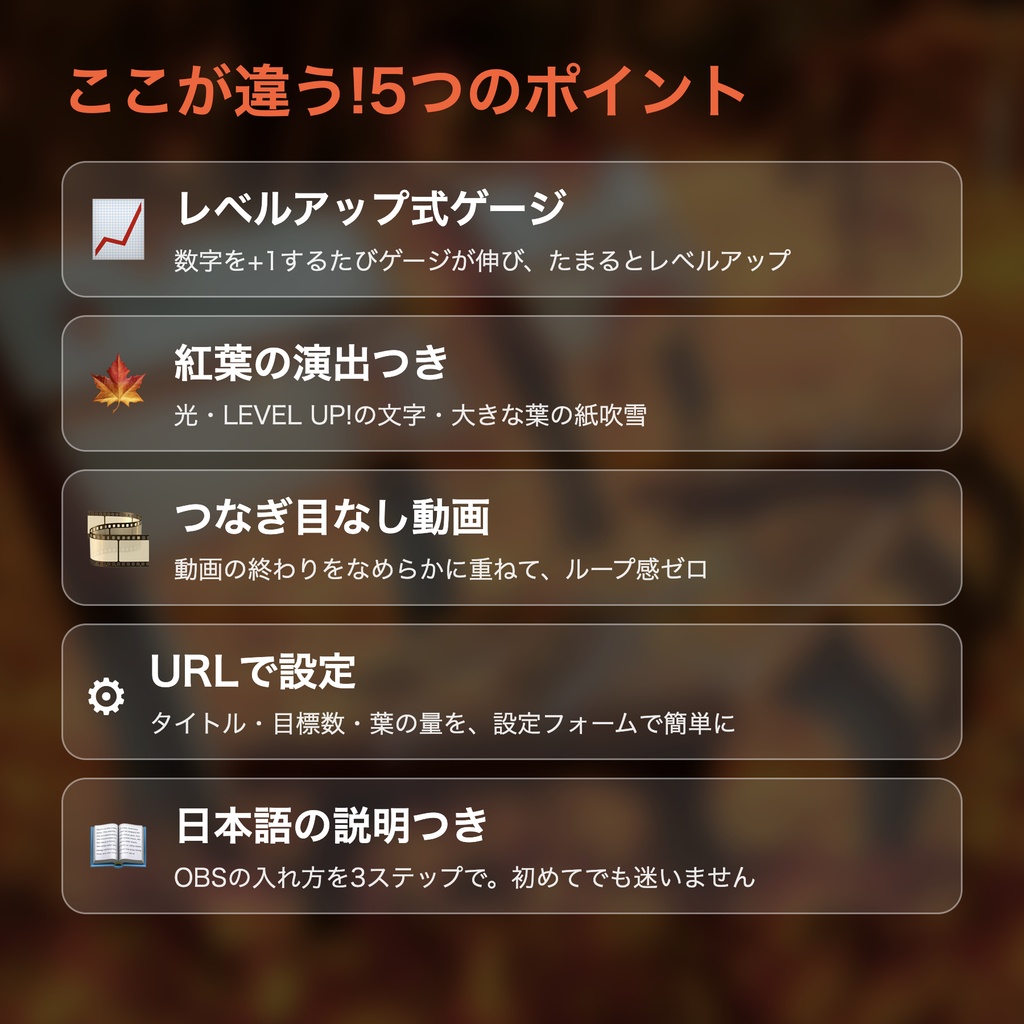 【レベルアップ演出つき】紅葉メーター「紅葉のベンチ 落ち葉ふぶき」|目標カウンター 動く配信背景 VTuber・配信者向け つなぎ目なしループ 設定フォーム付き【OBS対応】