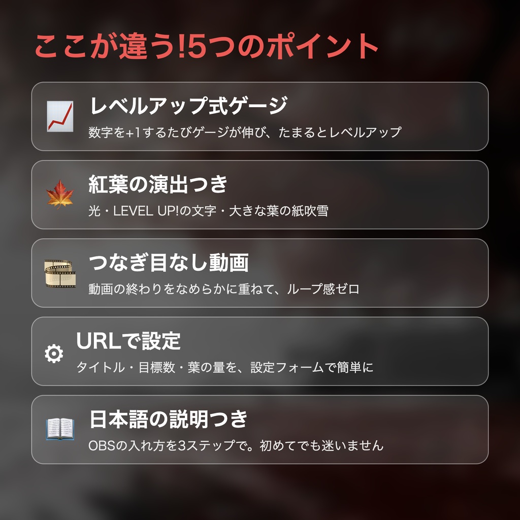 【レベルアップ演出つき】紅葉メーター「赤いもみじの木」|目標カウンター 動く配信背景 VTuber・配信者向け つなぎ目なしループ 設定フォーム付き【OBS対応】