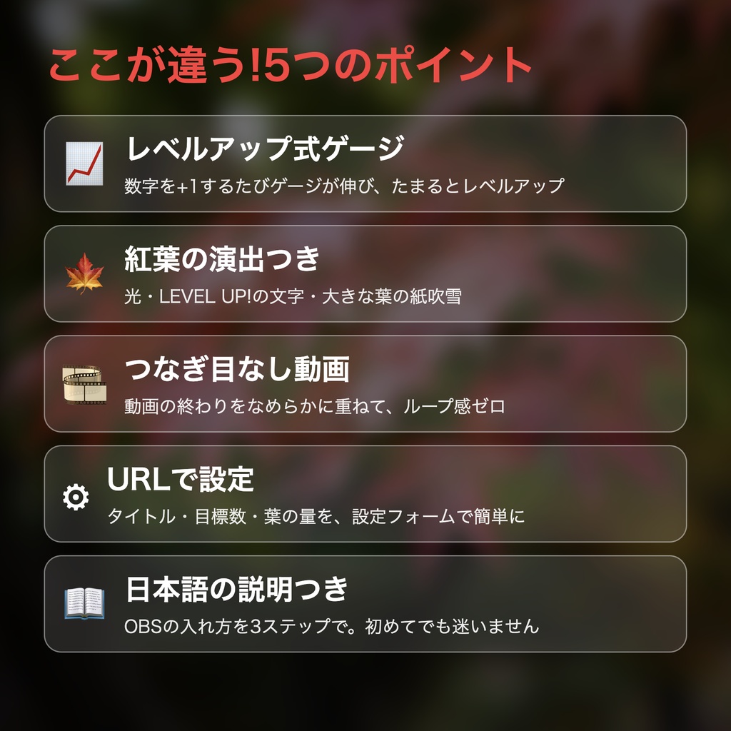 【レベルアップ演出つき】紅葉メーター「真っ赤なもみじ 落ち葉ふぶき」|目標カウンター 動く配信背景 VTuber・配信者向け つなぎ目なしループ 設定フォーム付き【OBS対応】
