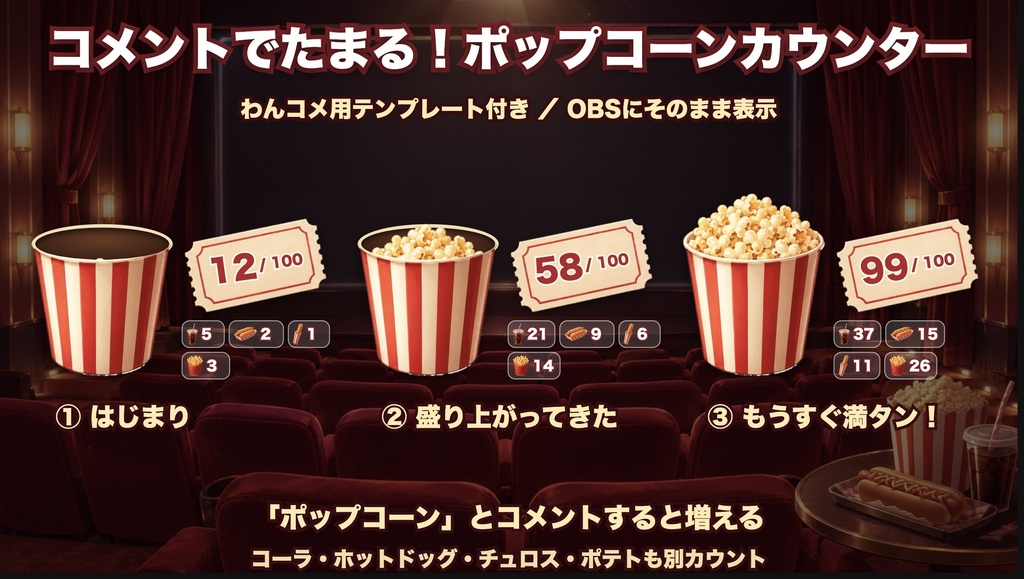 【配信背景】映画館 同時視聴セット|わんコメ用ポップコーンカウンター付き|横型・縦型/スクリーン透過/小物8点/サムネ枠
