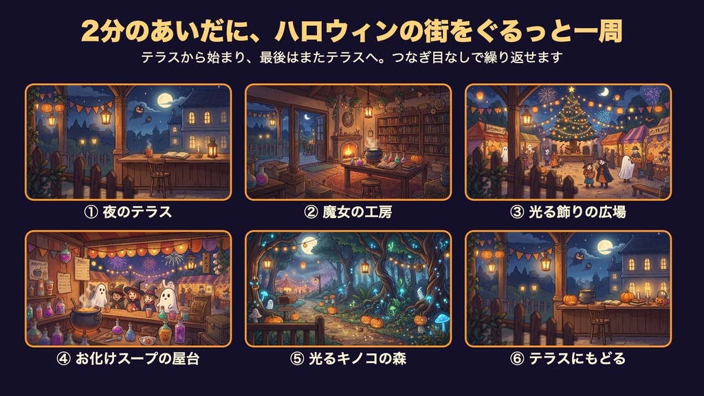 【無料版有】ハロウィン横丁 夜さんぽの窓|2分ループの動く配信背景+枠素材・待機画面つき|VTuber・配信者向け【OBS対応】