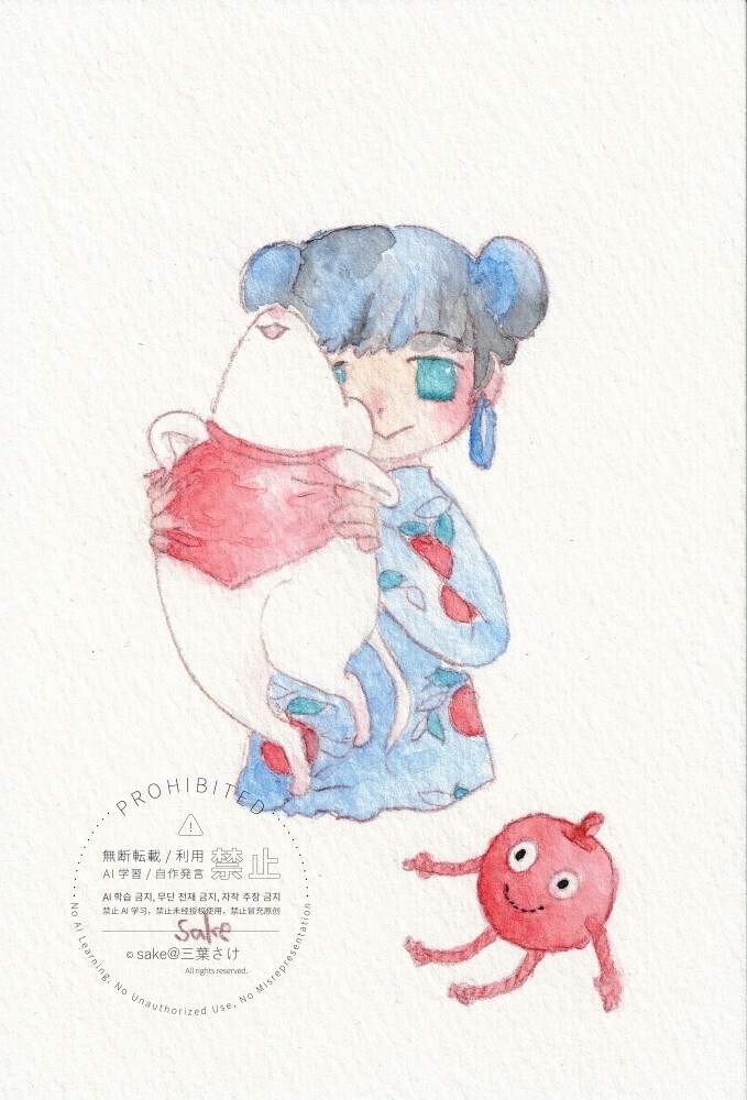 水彩原画 ドローイング「ねずみっ子とチャイナっ娘」
