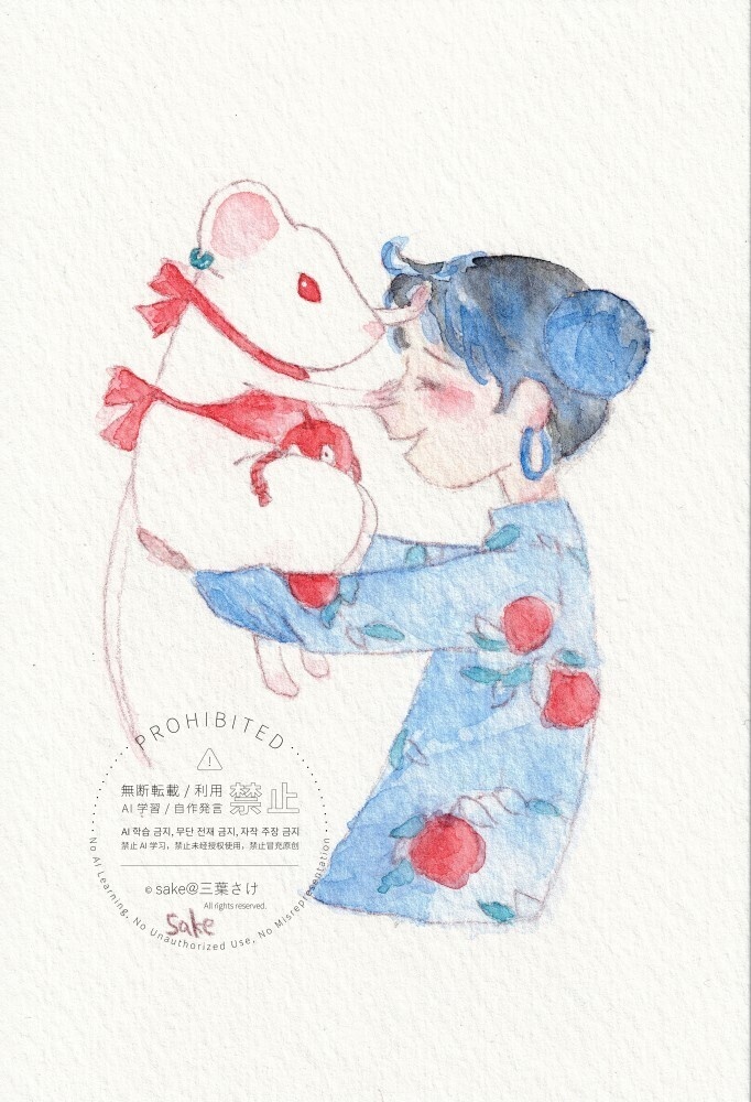 水彩原画 ドローイング「ねずみっ子とチャイナっ娘」