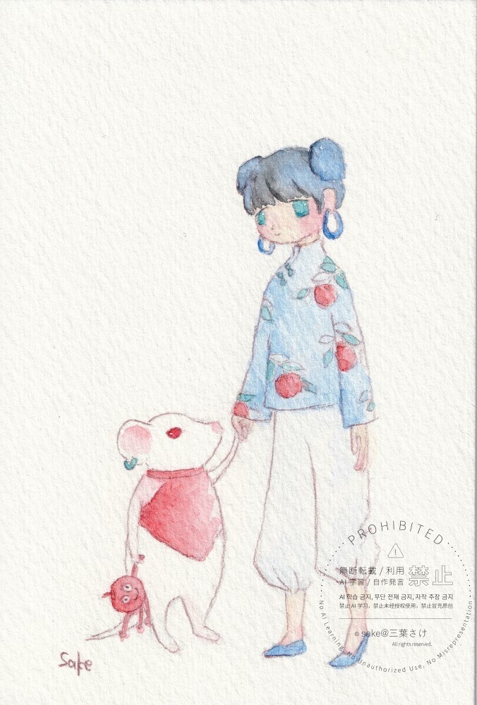 水彩原画 ドローイング「ねずみっ子とチャイナっ娘」