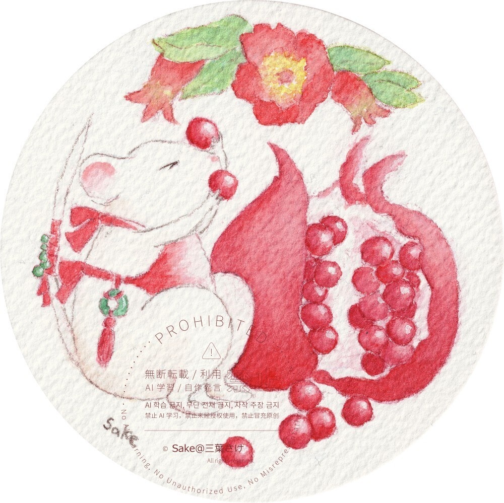水彩原画 「ねずみと果物」 2種