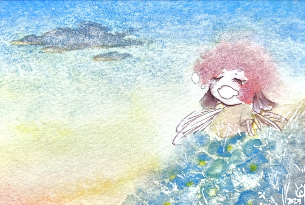 フォトサイズ水彩原画「あくび」