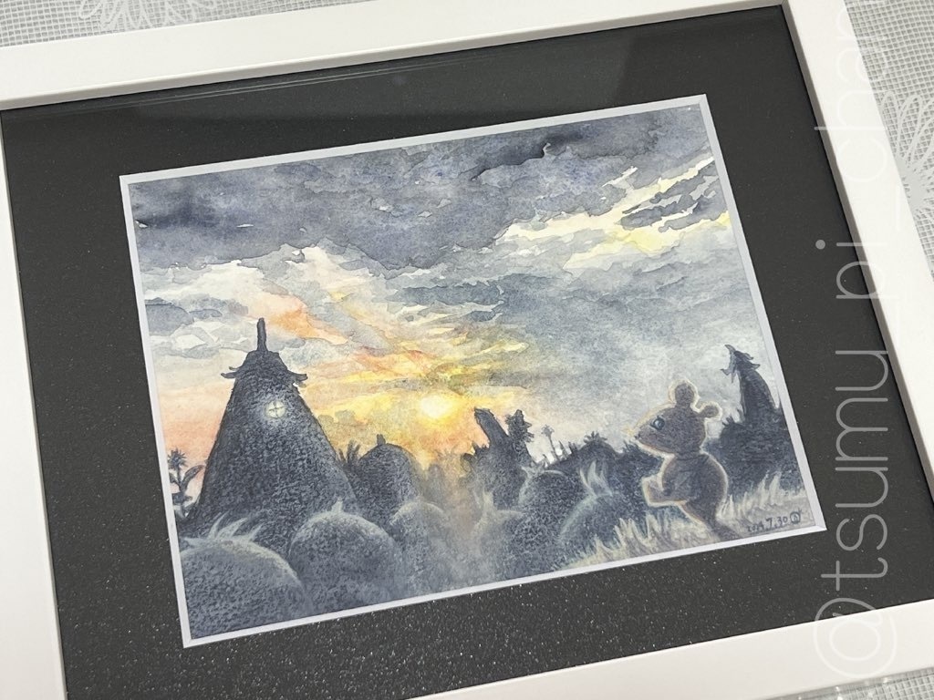 額装水彩原画『夕日のまち』