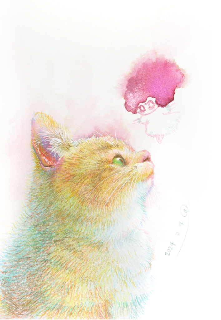 水彩原画「猫と綿毛ちゃん」