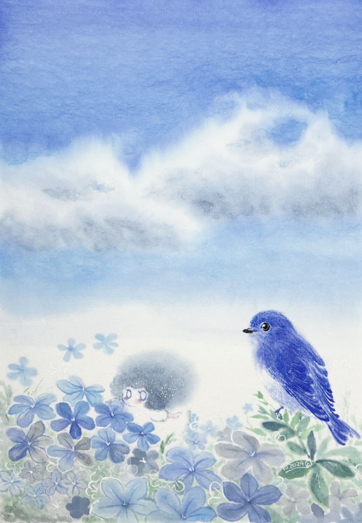水彩原画習作「空色の花」