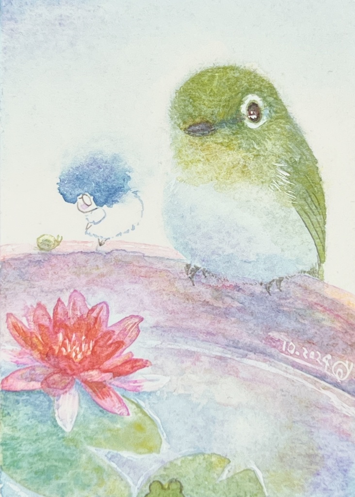 ATC水彩原画「大きめのもちもちのメジロ」