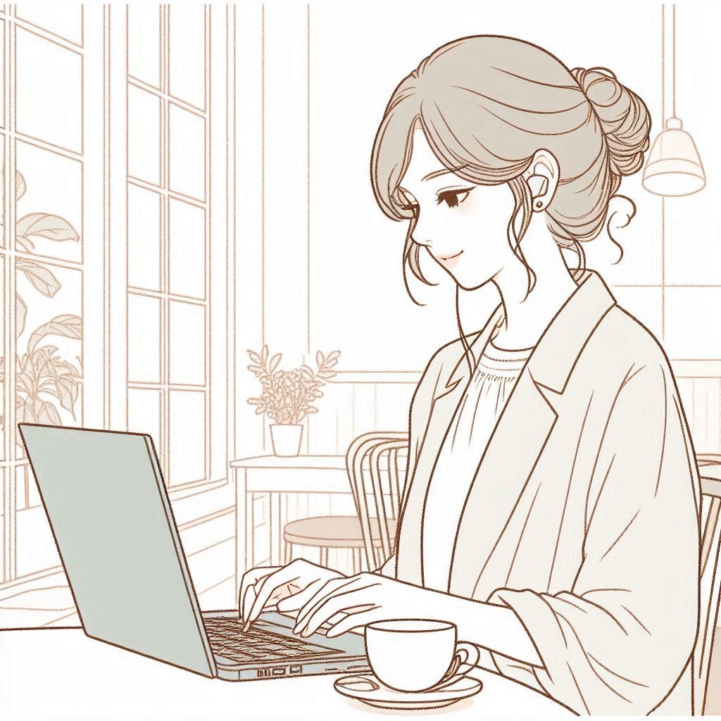 カフェでパソコンを操作する女性のイラスト素材02