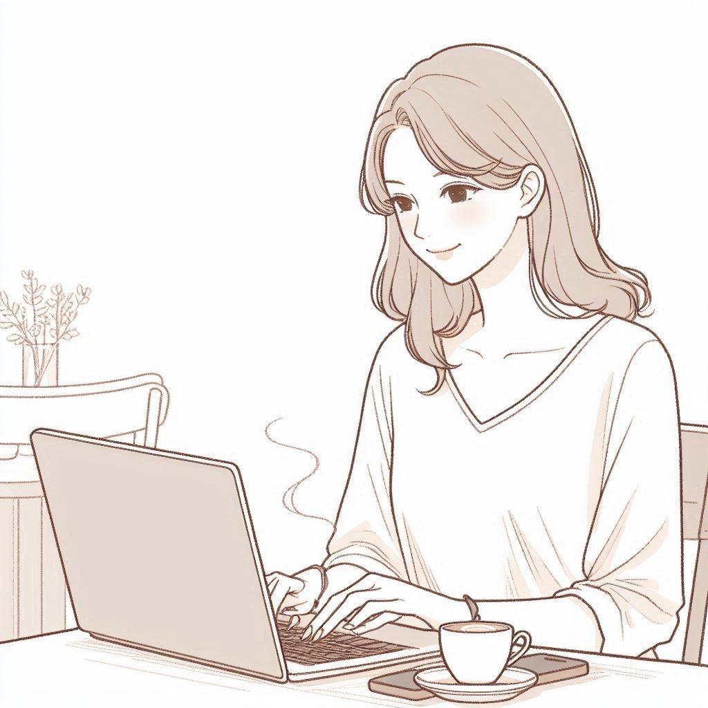 カフェでパソコンを操作する女性のイラスト素材01