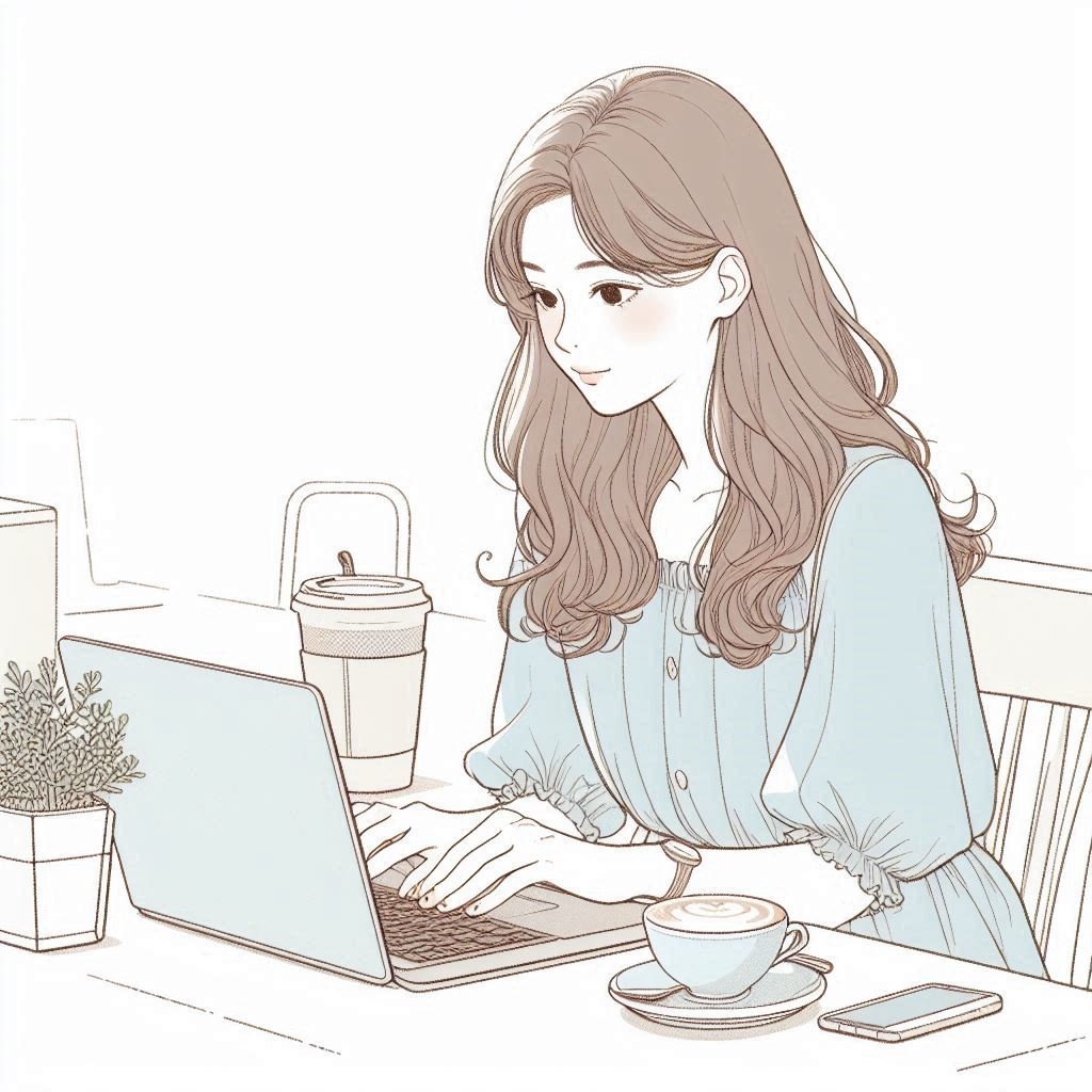 カフェでパソコンを操作する女性のイラスト素材03