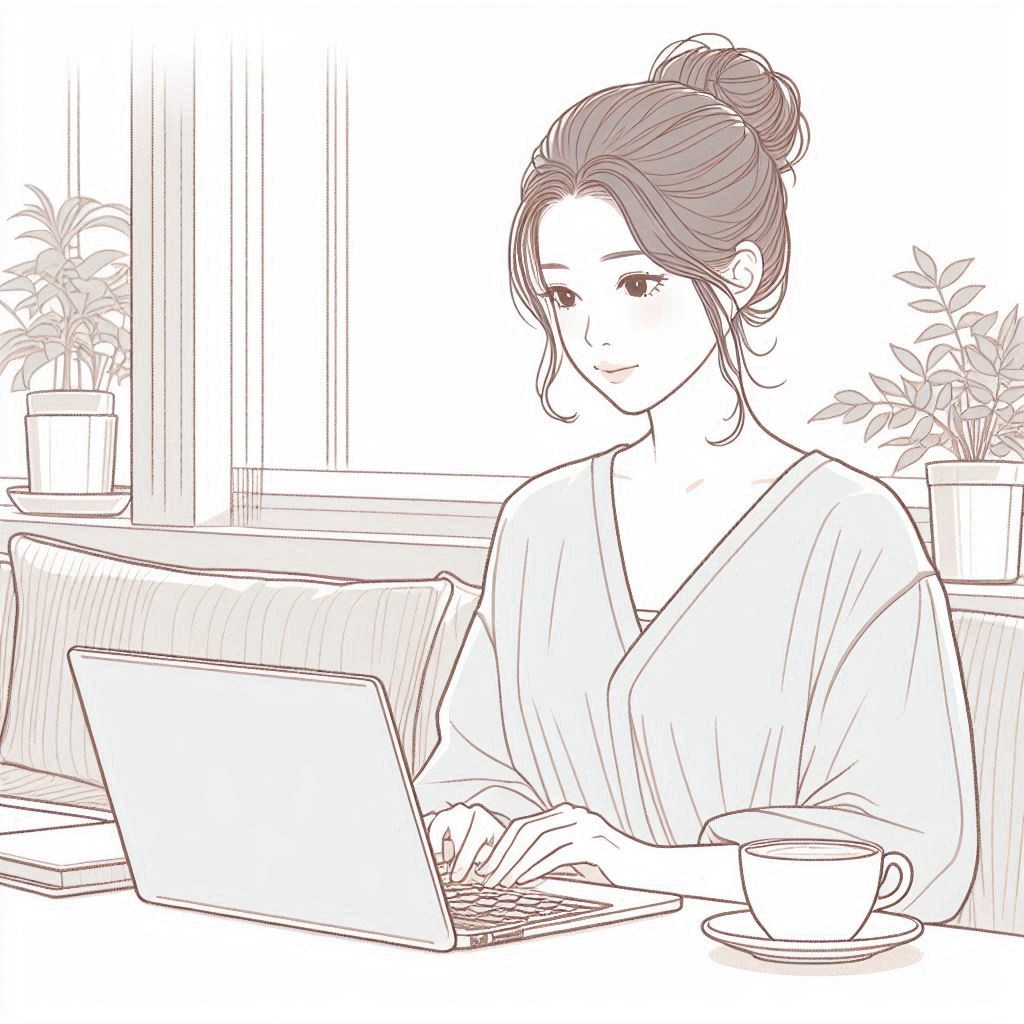 カフェでパソコンを操作する女性のイラスト素材04