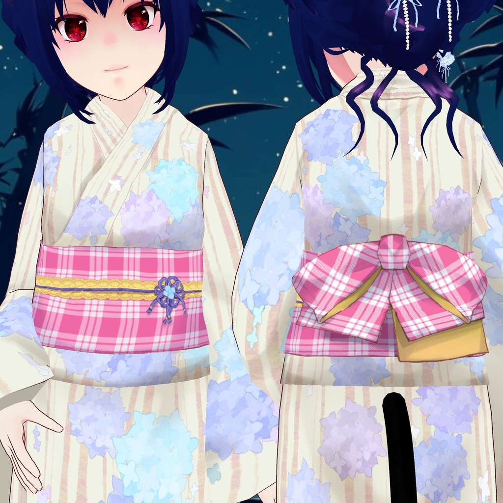 【無料版あり】繡球花雨浴衣 Hydrangeas and Rain Yukata【VRoid衣装】