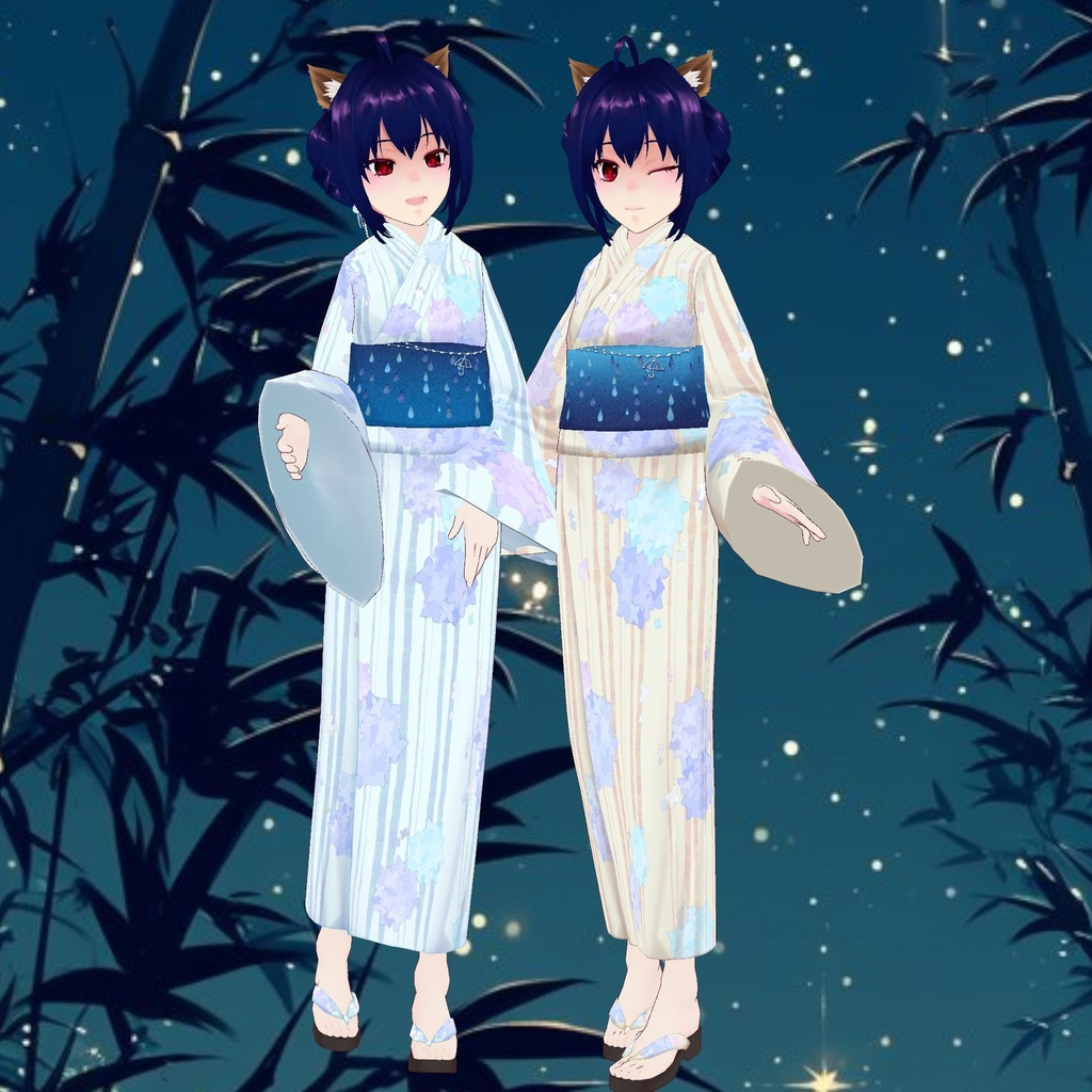 【無料版あり】繡球花雨浴衣 Hydrangeas and Rain Yukata【VRoid衣装】