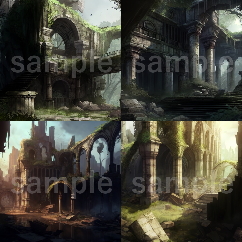 アニメ風な廃墟のイラスト背景素材 8枚セット