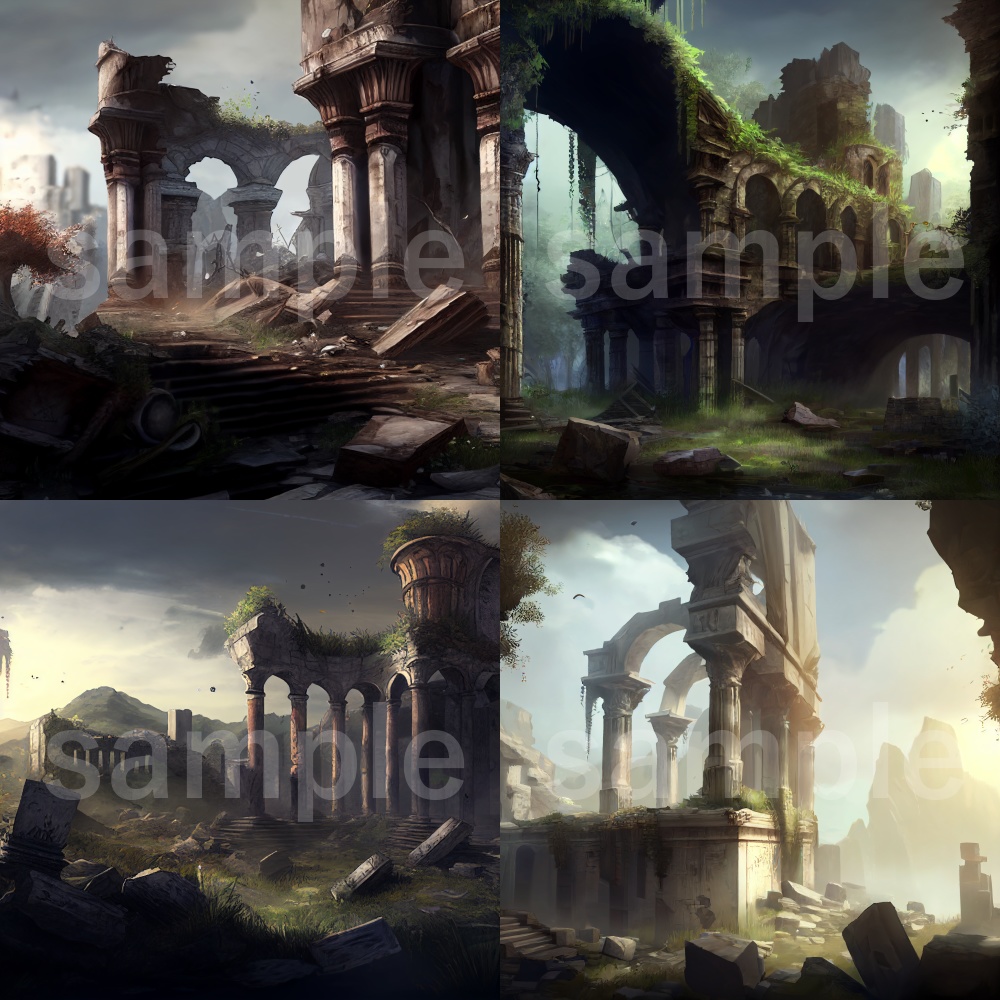 アニメ風な廃墟のイラスト背景素材 8枚セット