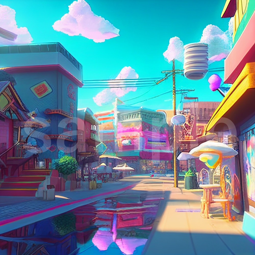アニメ風カラフルで少し不思議な町のイラスト背景素材 8枚セット