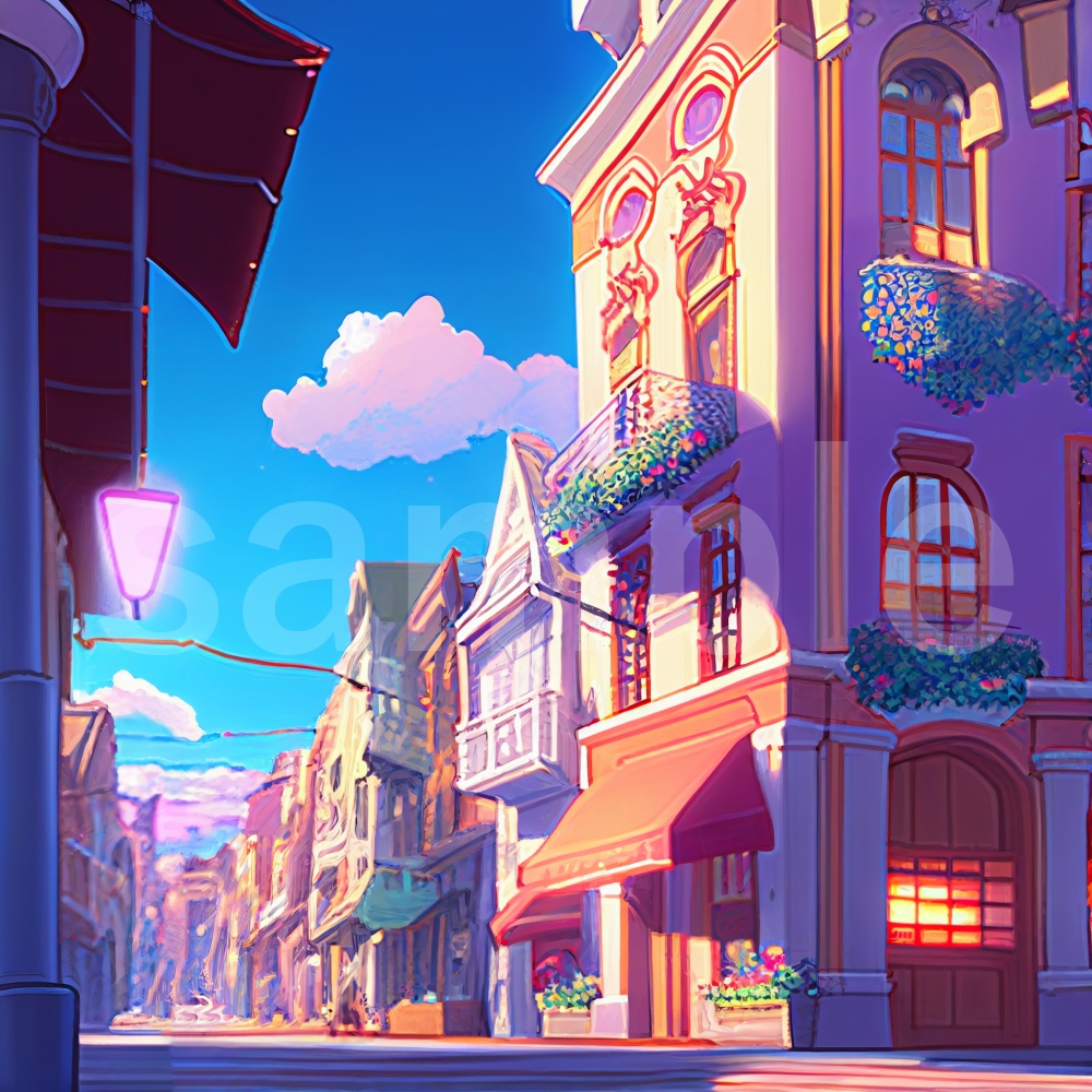アニメ風カラフルで少し不思議な町のイラスト背景素材 8枚セット