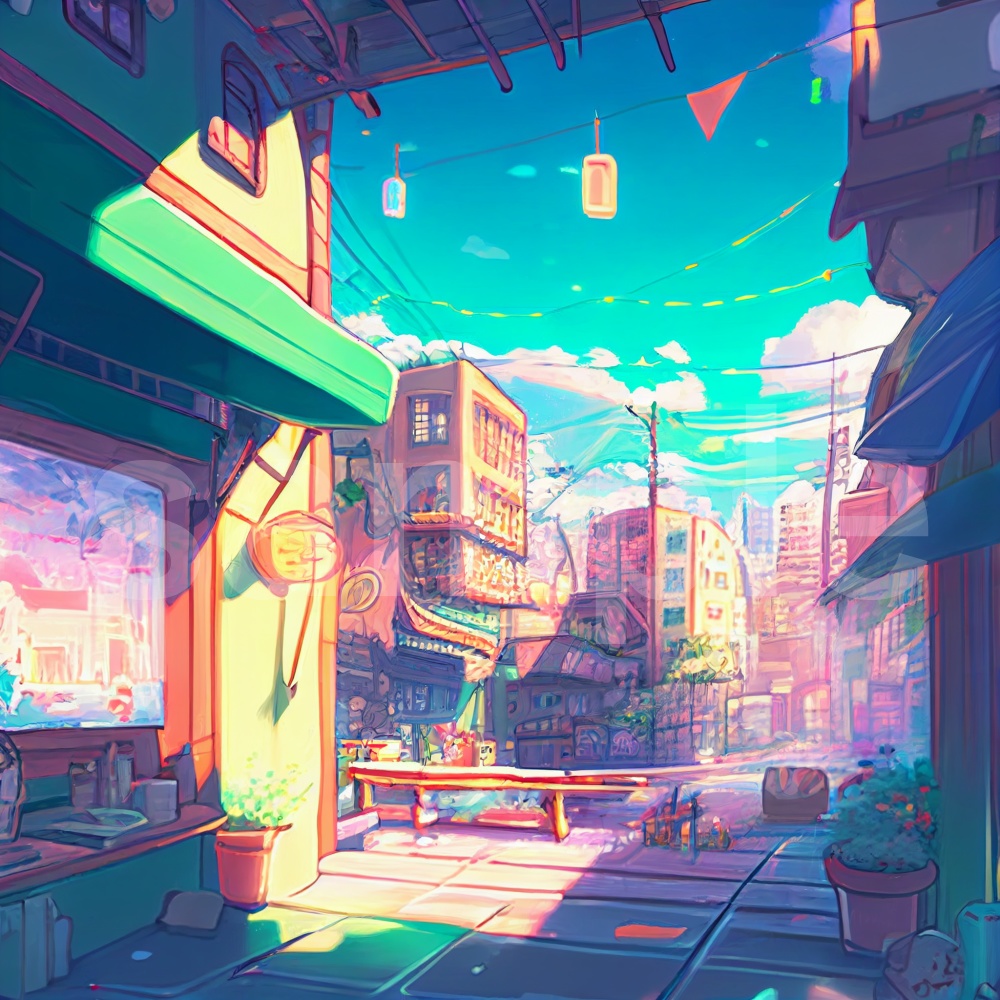 アニメ風カラフルで少し不思議な町のイラスト背景素材 8枚セット