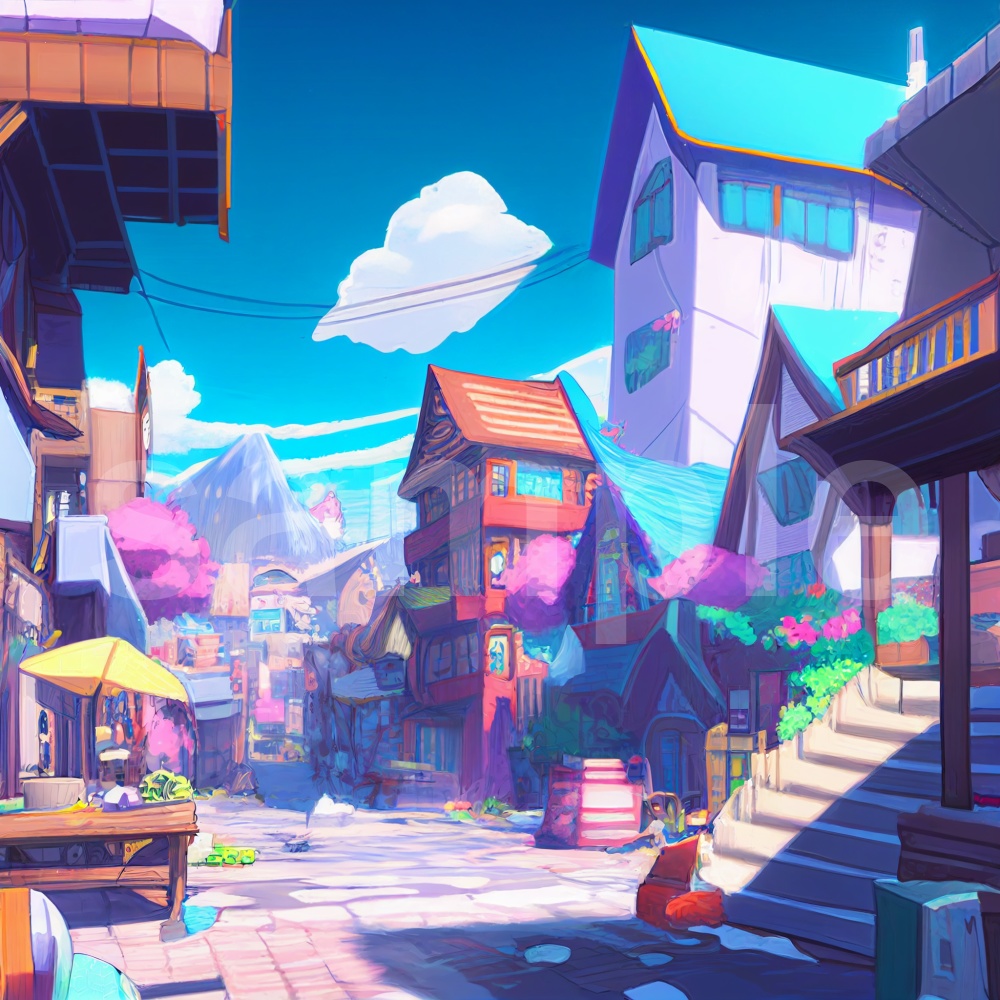 アニメ風カラフルで少し不思議な町のイラスト背景素材 8枚セット